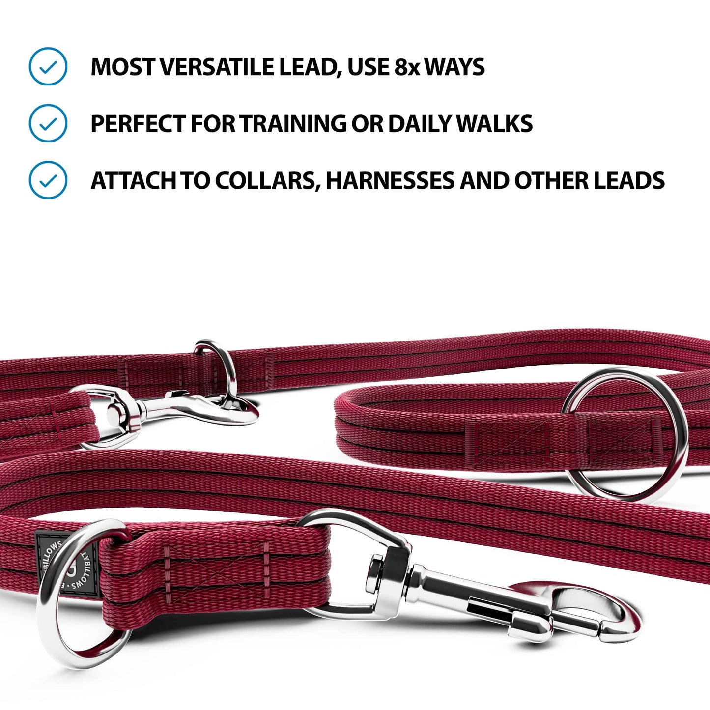 Double Ended Training Lead | All Breeds - Durable & Soft 2m Lead - Burgundy