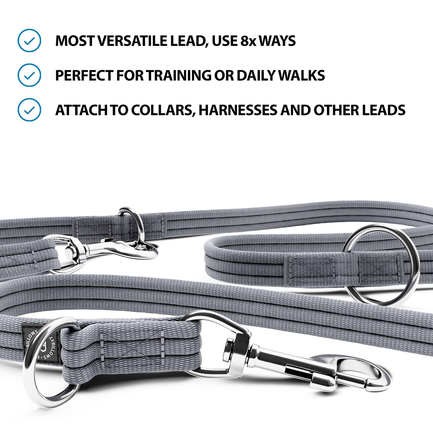 Double Ended Training Lead | All Breeds - Durable & Soft 2m Lead - Metal Grey