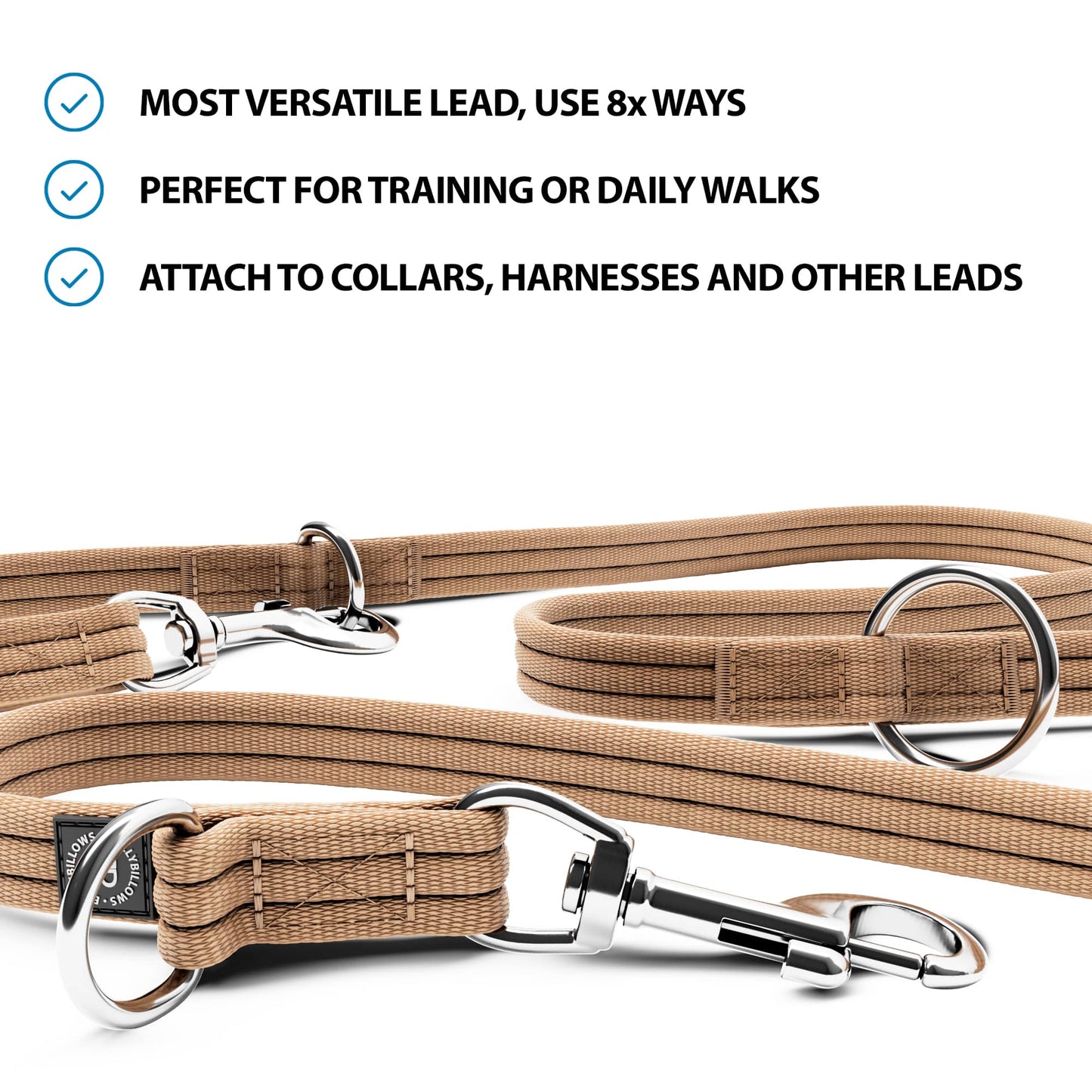 Double Ended Training Lead | All Breeds - Durable & Soft 2m Lead - Military Tan