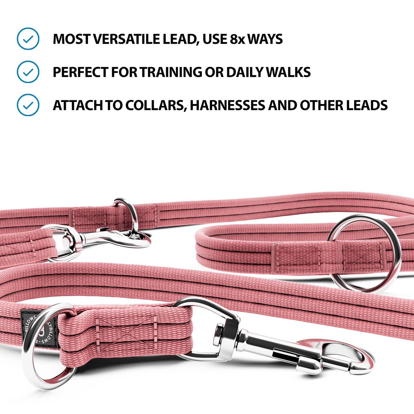 Double Ended Training Lead | All Breeds - Durable & Soft 2m Lead - Pink