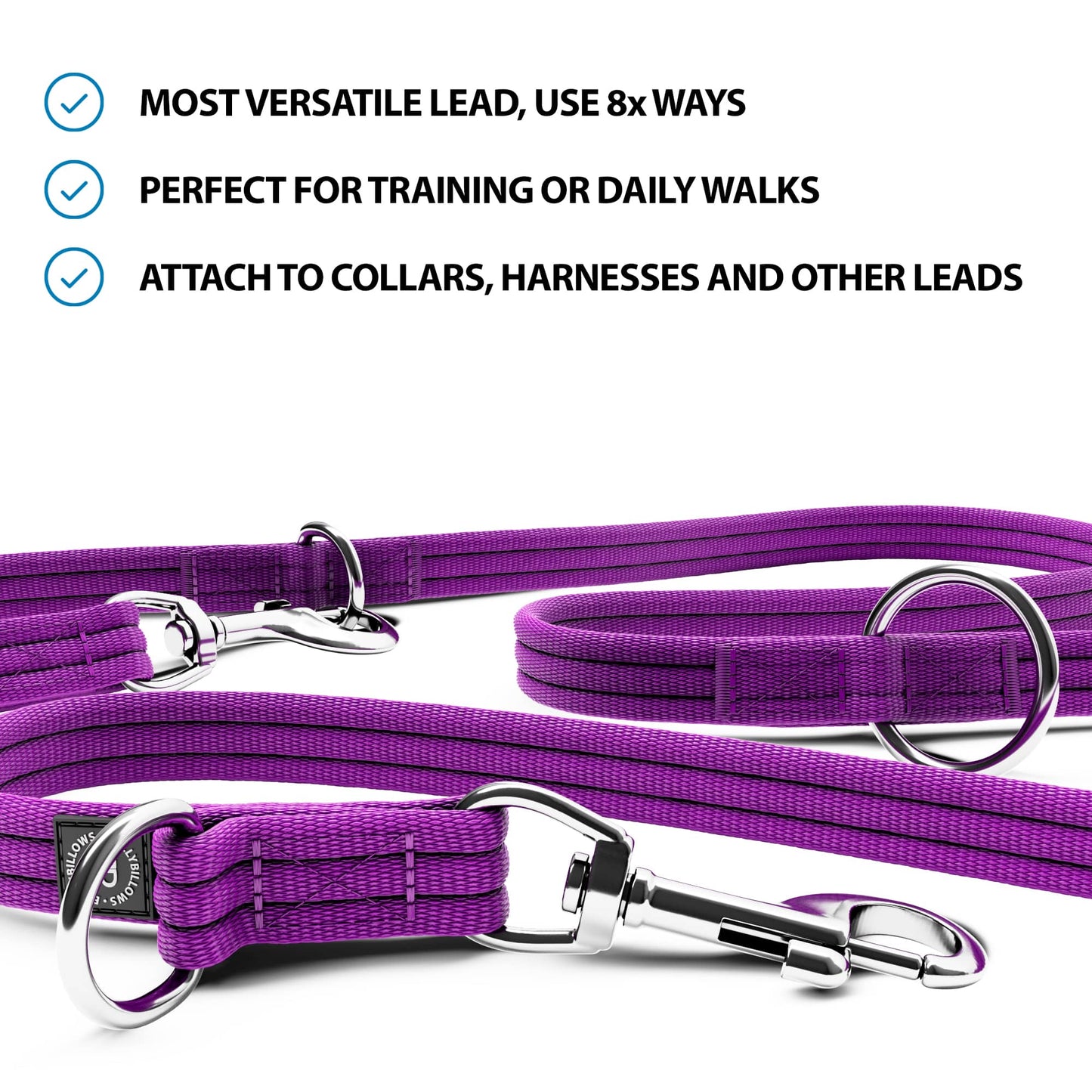 Double Ended Training Lead | All Breeds - Durable & Soft 2m Lead - Purple