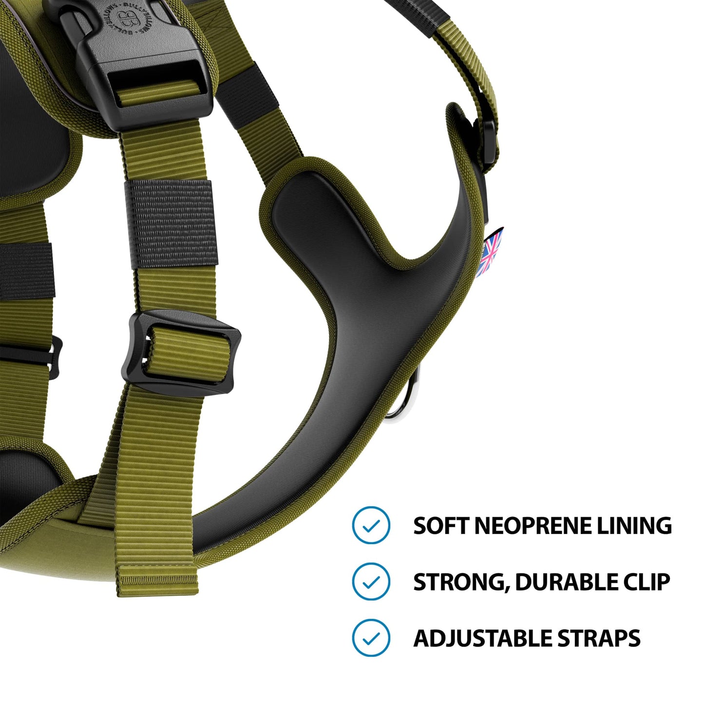 Hurricane Harness - Non Restrictive, With Handle, Adjustable & Reflective - All Breeds - Olive Green