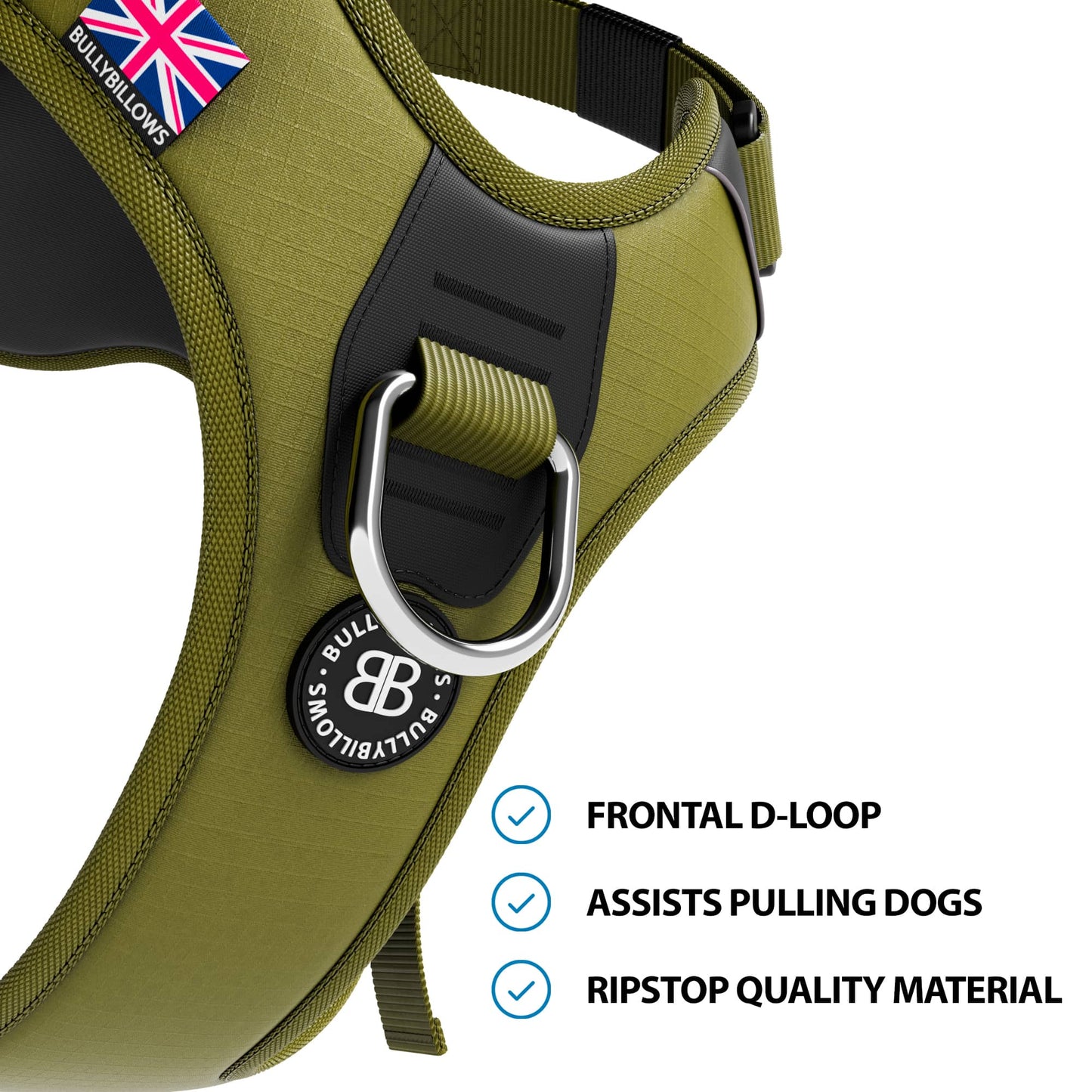 Hurricane Harness - Non Restrictive, With Handle, Adjustable & Reflective - All Breeds - Olive Green