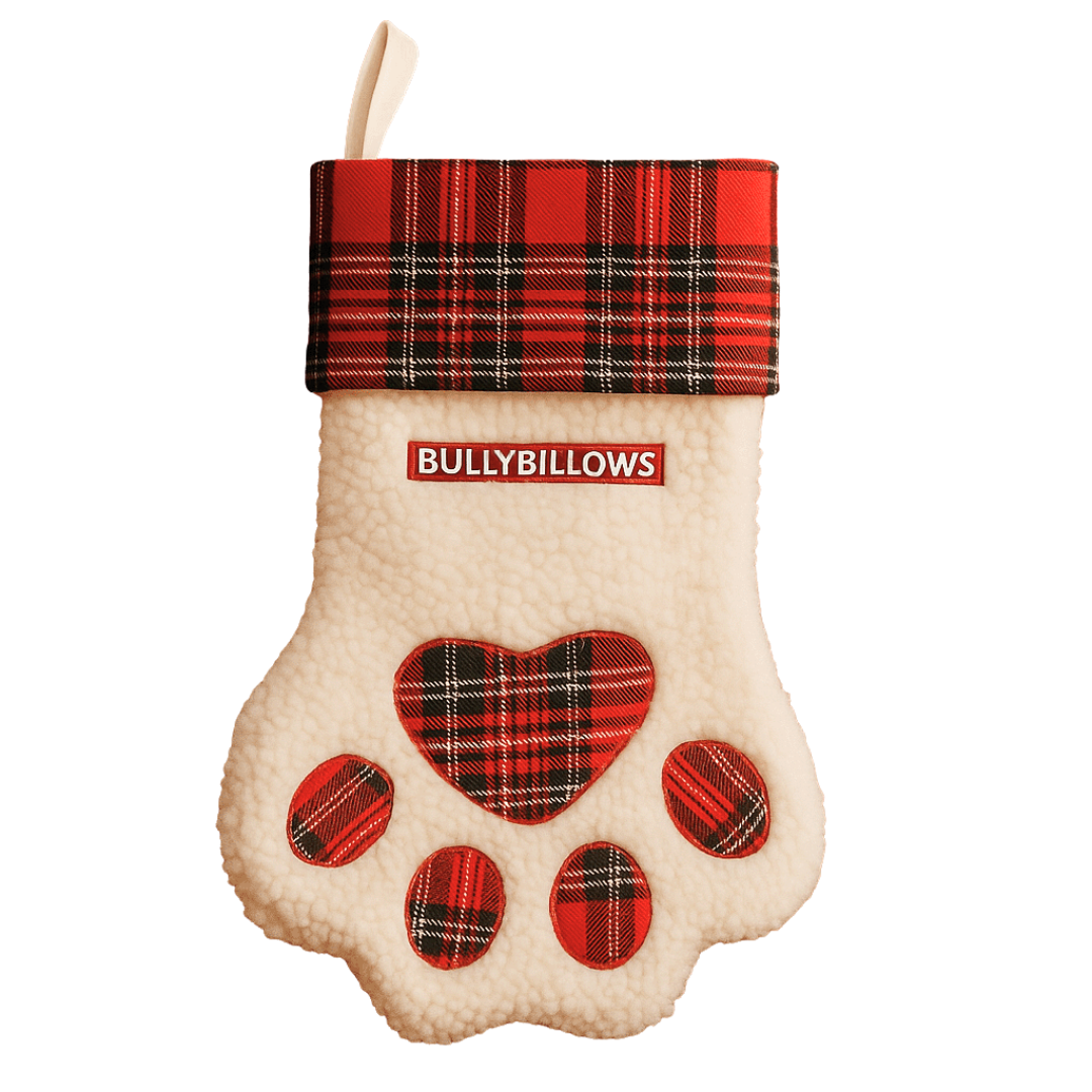 Dog paw-shaped stocking with red plaid accents and white personalised text on a red background