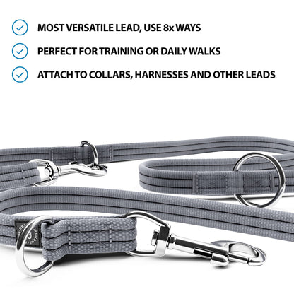 Double Ended Training Lead | All Breeds - Durable & Soft 2m Lead - Metal Grey