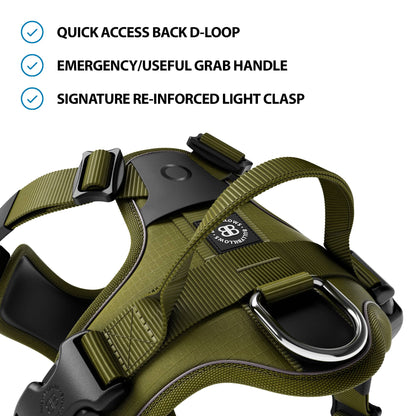 Hurricane Harness - Non Restrictive, With Handle, Adjustable & Reflective - All Breeds - Olive Green