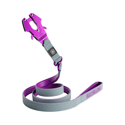 1.4m LIGHTER Swivel Combat Lead | Neoprene Lined, Secure Rated Clip with Soft Handle - Purple & Metal Grey